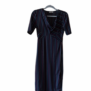 Zara pin stripe short sleeve drape neck dress.
Large